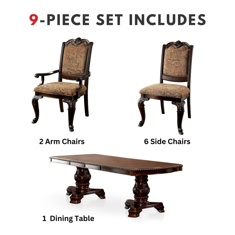 Furniture of America Ramsaran Wood 9-Piece Extendable Dining Set in Brown Cherry