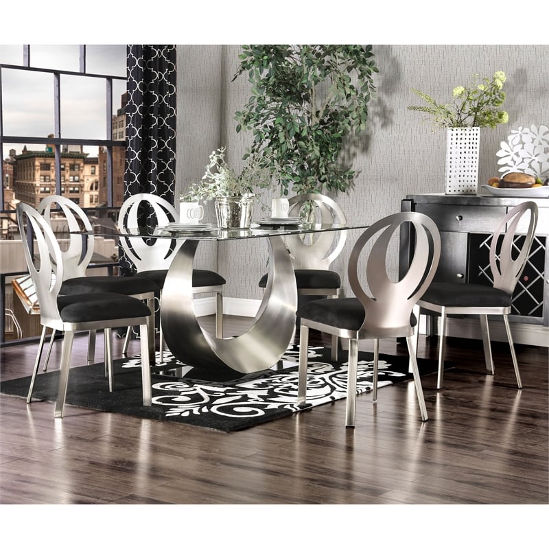 Furniture of America Myer Stainless Steel 7-Piece Dining Table Set in Silver