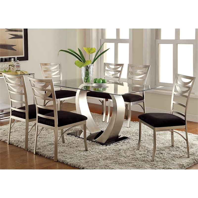 Furniture of America Genaveve Stainless Steel 7-Piece Dining Set in Silver