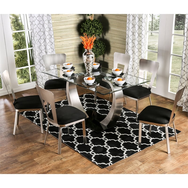 Furniture of America Genaveve Metal 7-Piece Dining Table Set in Silver