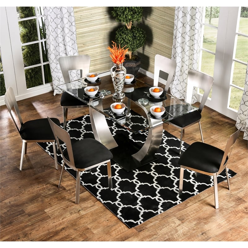 Furniture of America Genaveve Metal 7-Piece Dining Table Set in Silver