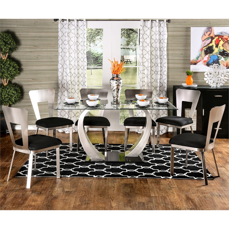 Furniture of America Genaveve Metal 7-Piece Dining Table Set in Silver