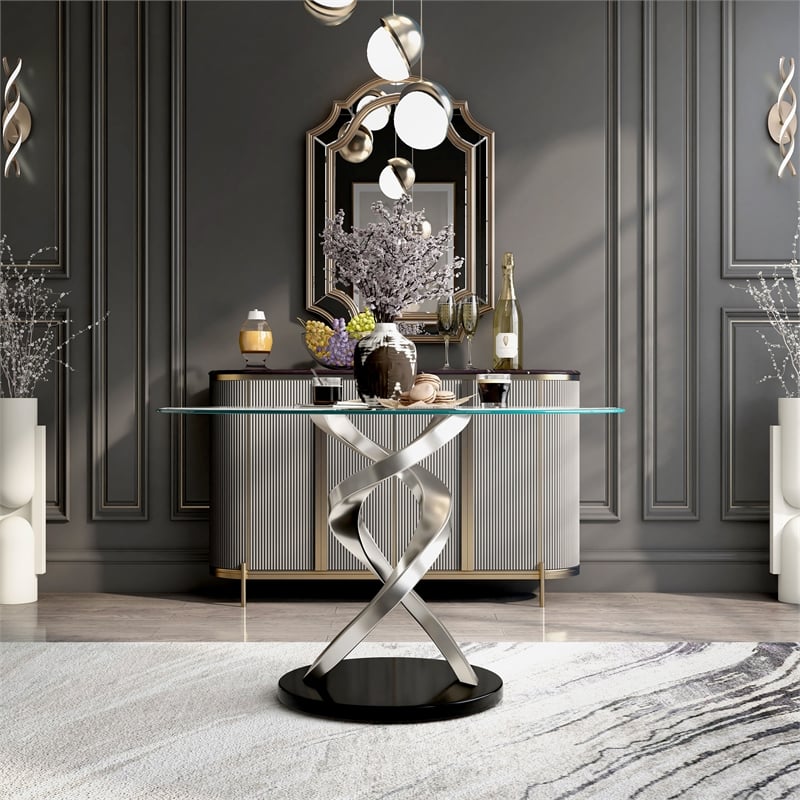 Furniture of America Halliway Glass Round Dining Table in Silver