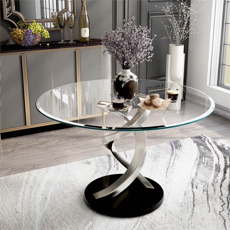 Furniture of America Halliway Glass Round Dining Table in Silver