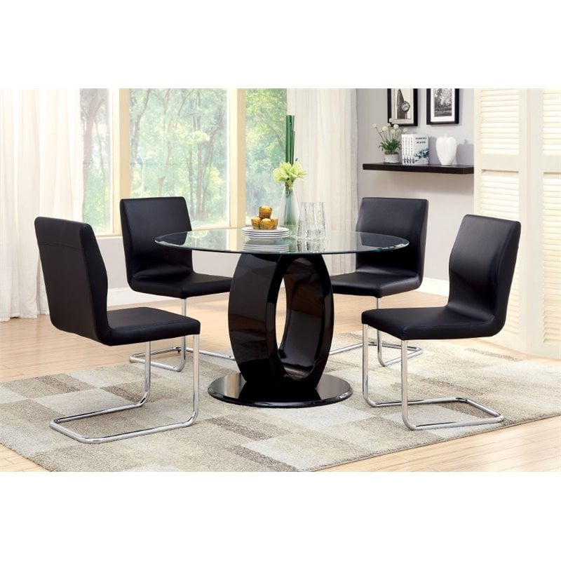 Furniture Of America Hugo Wood 5 Piece Round Dining Table Set In Black, Black Wood Round Dining Table And Chairs