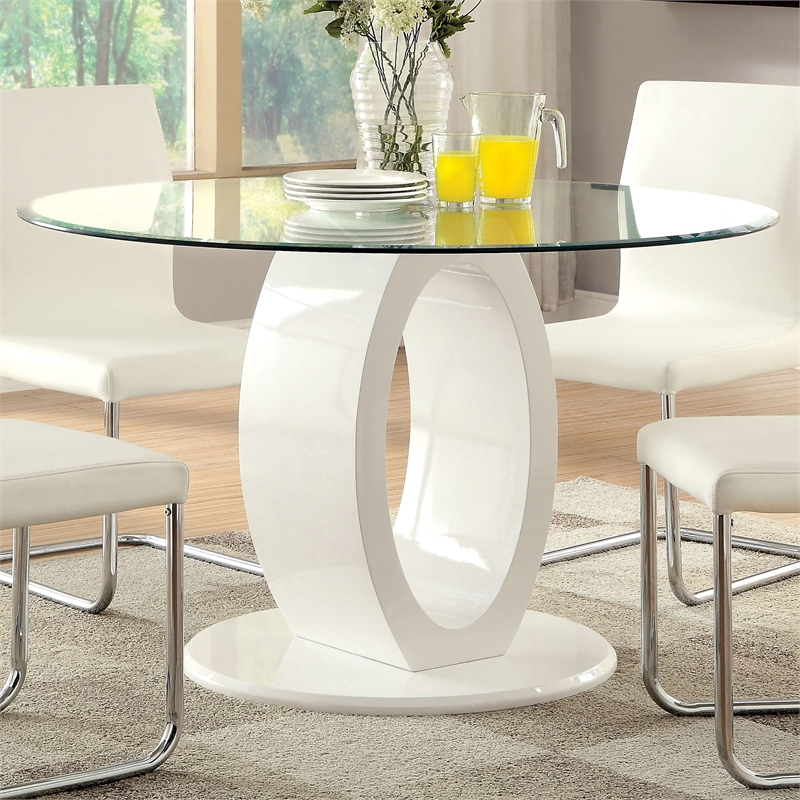 Furniture of America Moya Round Tempered Glass Top Dining Table in White