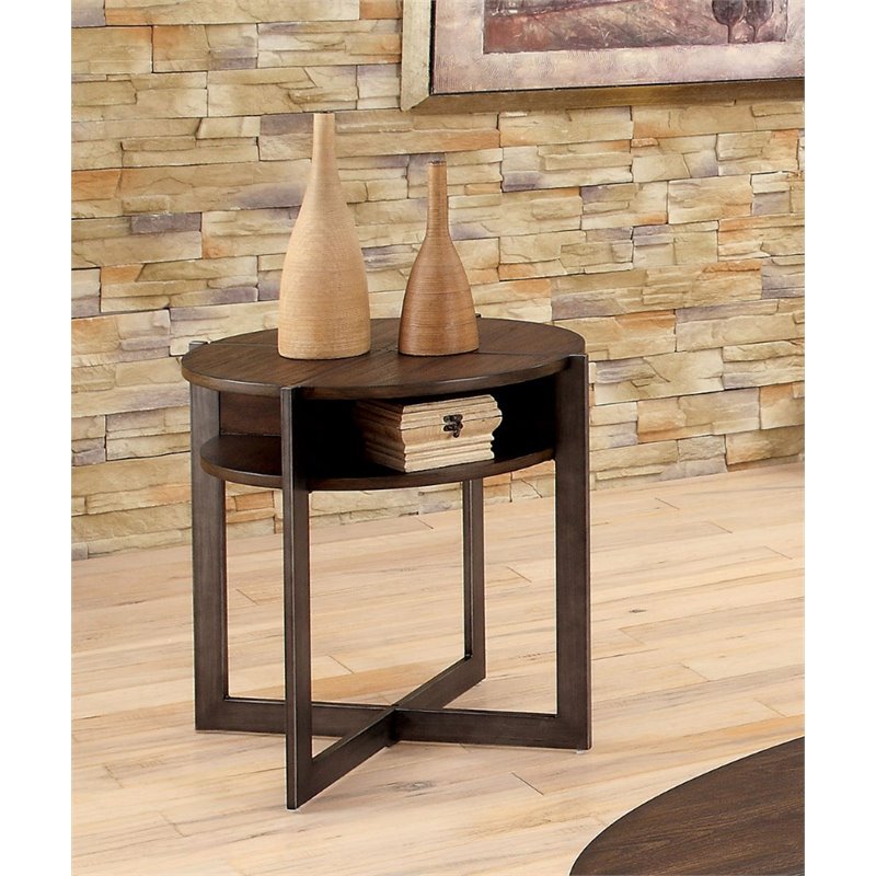 Furniture of America Prontus Dark Brown Round End Table with Metal Base