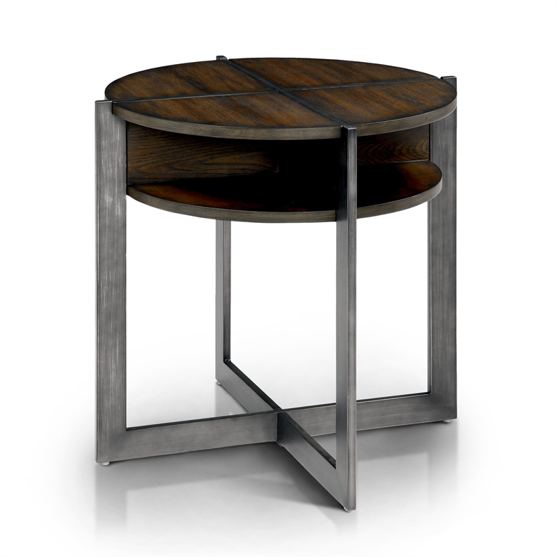 Furniture of America Prontus Dark Brown Round End Table with Metal Base
