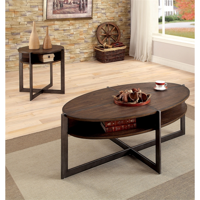 Furniture of America Prontus Dark Brown Round End Table with Metal Base