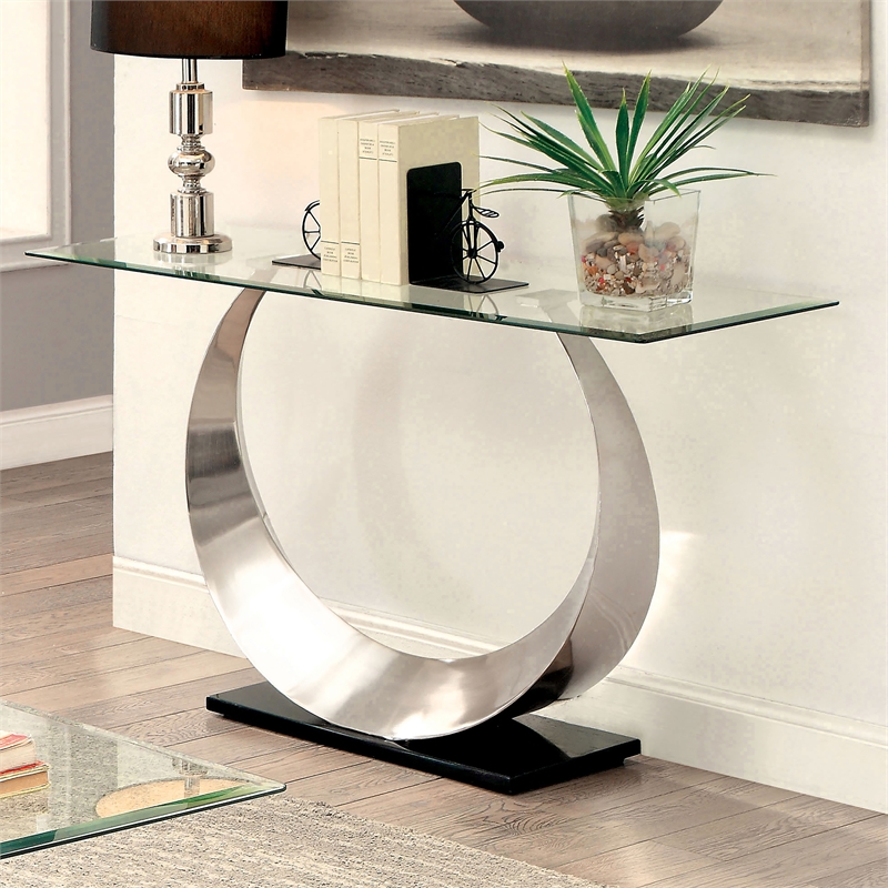 Furniture of America Suse Glass Top Console Table in Silver Satin Plated