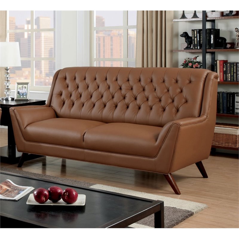 Furniture of America Mayfield Tufted Leather Sofa in Camel