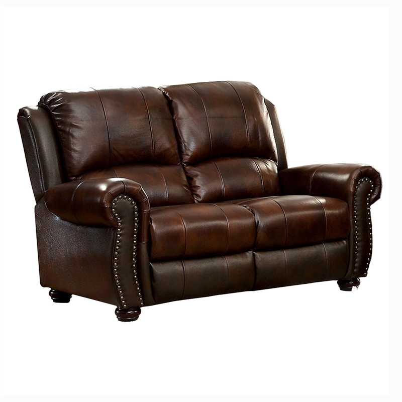 Furniture Of America Garry Transitional, Brown Leather Nailhead Sofa
