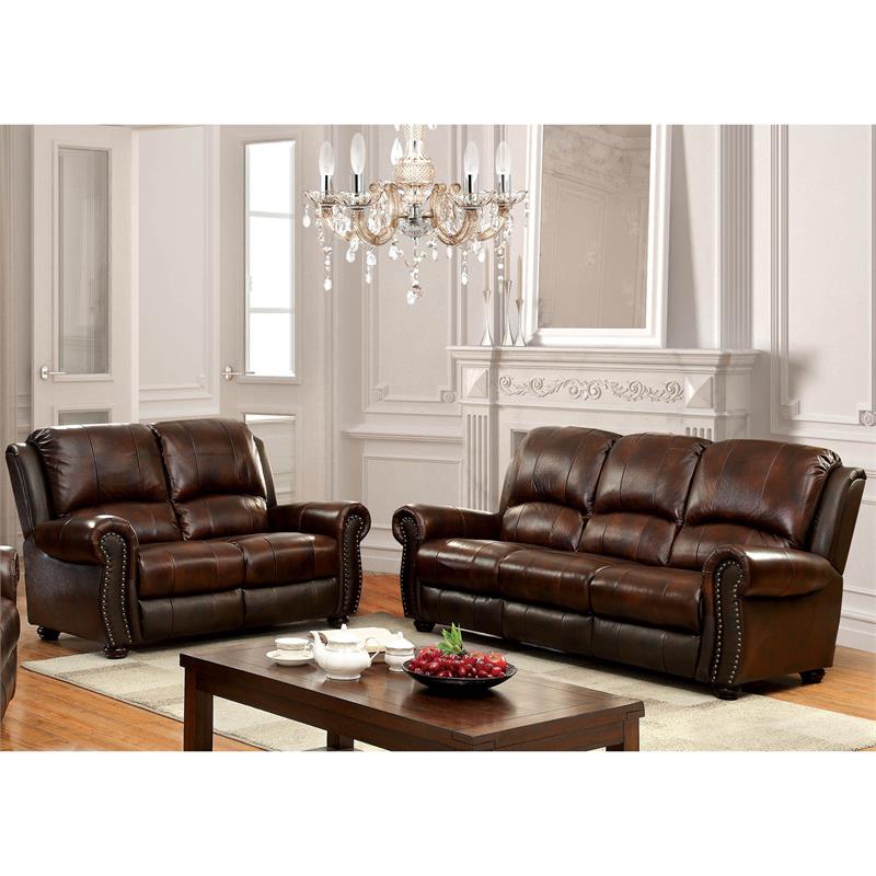 Furniture Of America Garry Transitional, Brown Leather Nailhead Couch