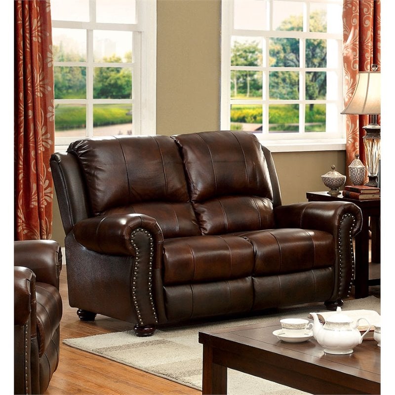 Furniture Of America Garry Transitional, Brown Leather Nailhead Reclining Sofa