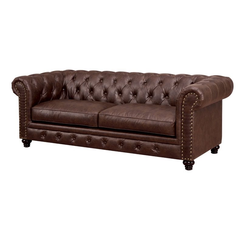 Faux Leather Tufted Sofa In Brown, Settee Tufted Leather Sofa