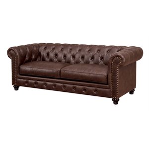 furniture of america villa traditional faux leather tufted sofa in brown
