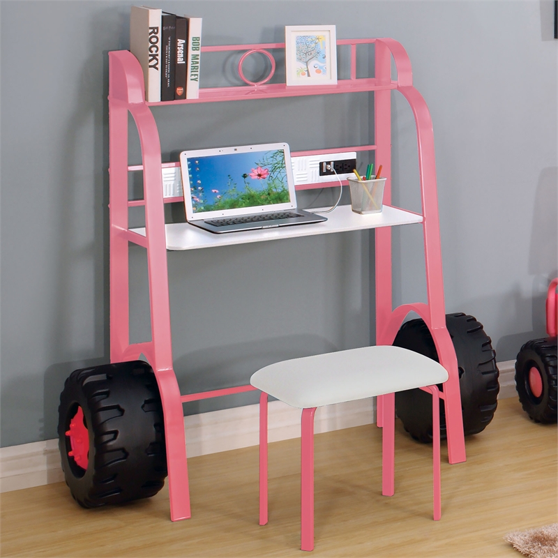 Furniture of America Ramirez Traditional Metal Desk with Stool in Pink