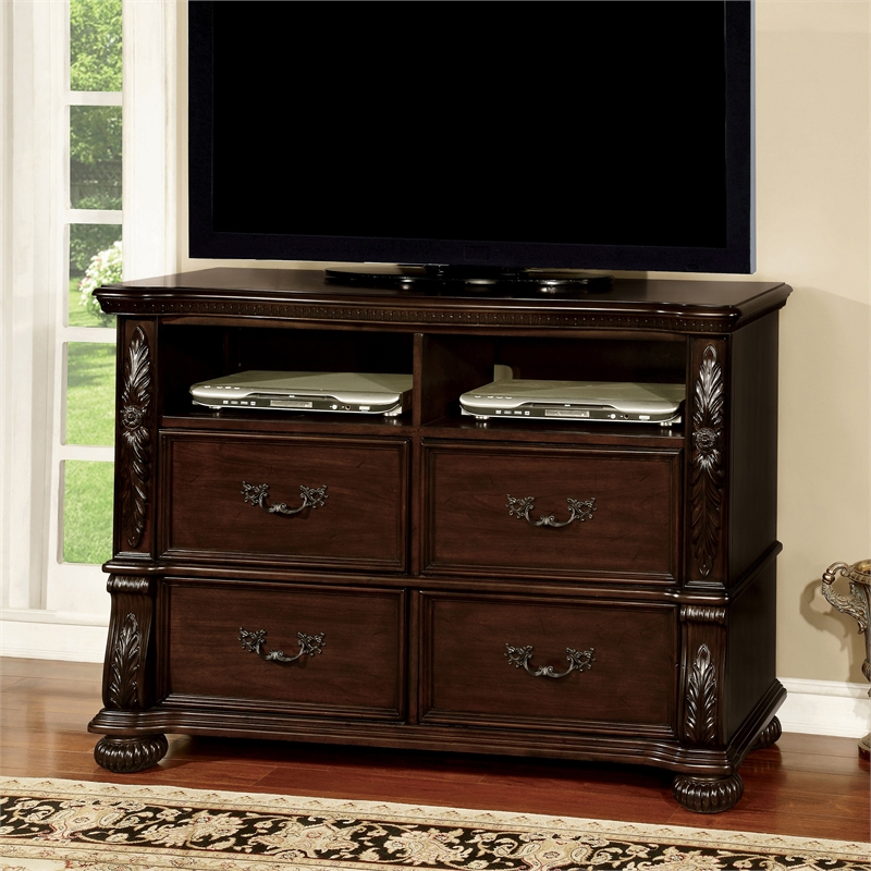 Furniture of America Eleo Traditional Wood 4-Drawer Media Chest in Brown Cherry