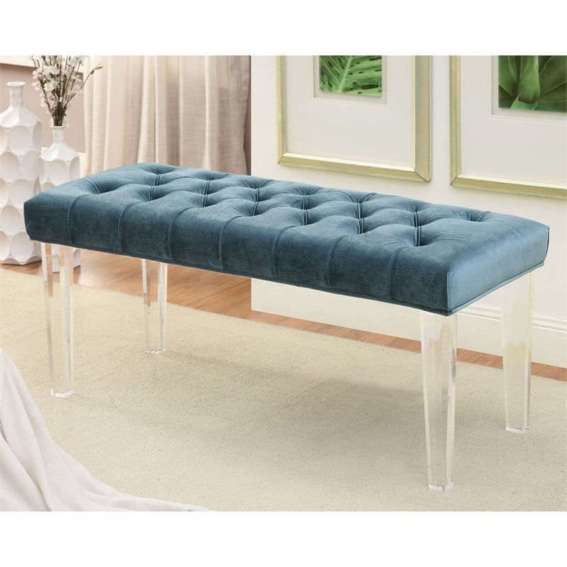 Furniture of America Eliza Contemporary Fabric Bench with Acrylic Legs in Blue
