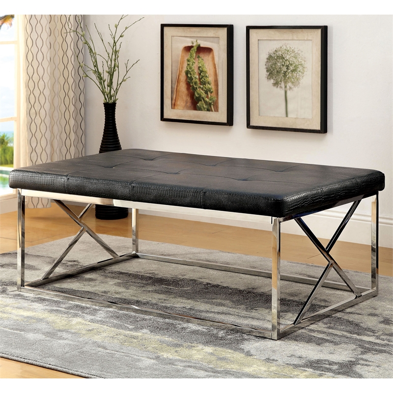 Furniture of America Motto Contemporary Faux Leather Tufted Bench in Black