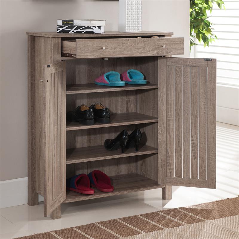 Slatted Pattern Shoe Cabinet With Molded Top, Brown, 55% OFF