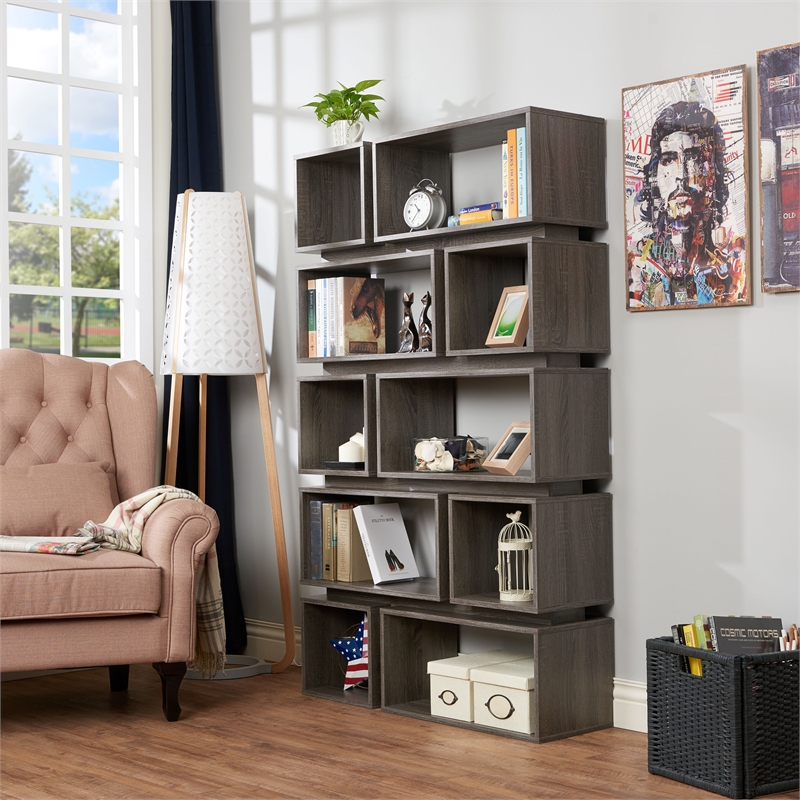 Furniture of America Ariana Wood Geometric Bookcase in Distressed Gray