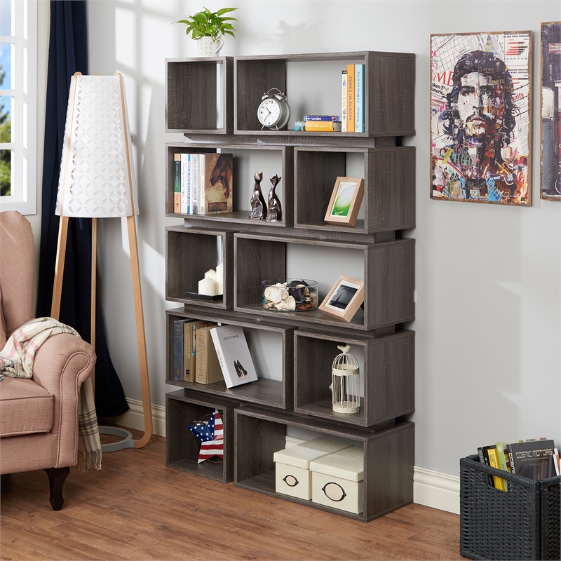 Furniture of America Ariana Wood Geometric Bookcase in Distressed Gray