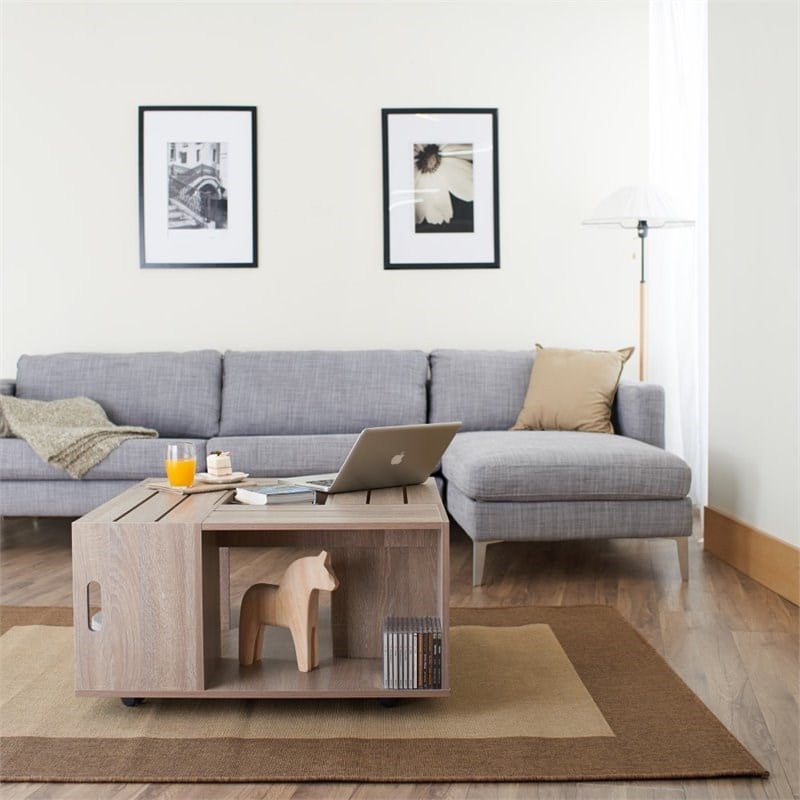 Furniture of America Conteery Wood Coffee Table with Casters in Weathered White