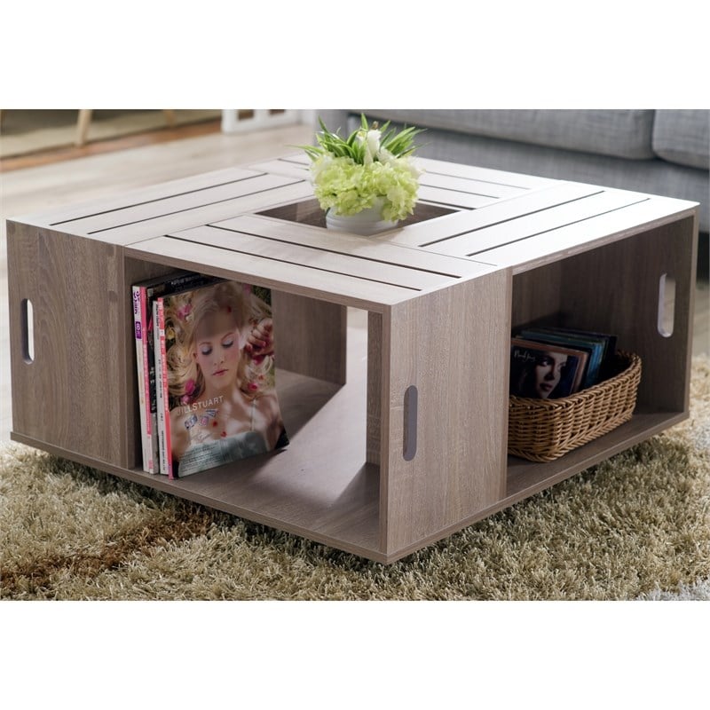 Furniture of America Conteery Wood Coffee Table with Casters in Weathered White