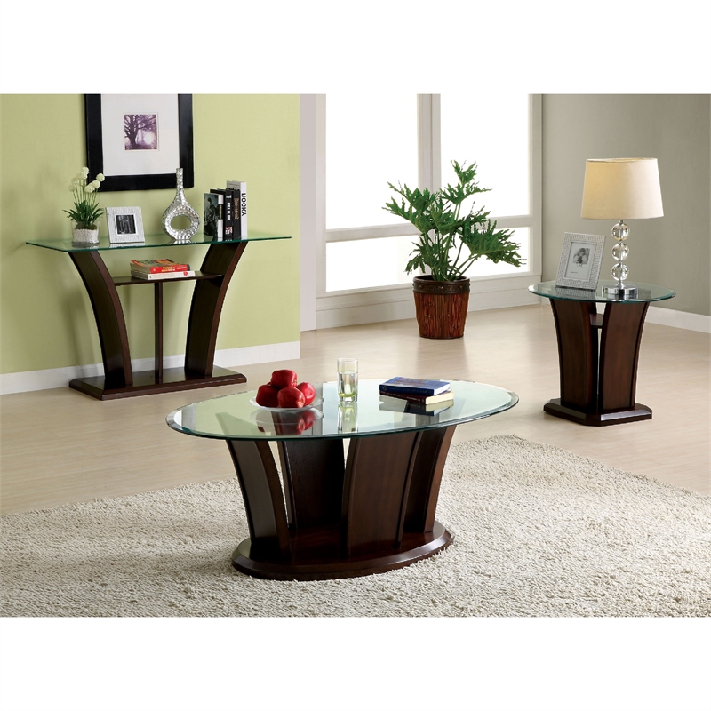 Furniture of America Lantler Round Glass Top End Table in Dark Cherry