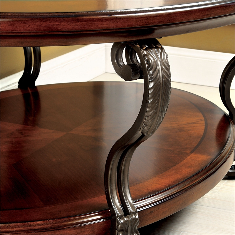 Furniture of America Azea Solid Wood 2-Piece Coffee Table Set in Brown Cherry
