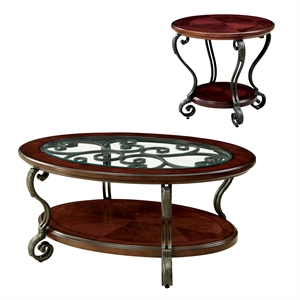 furniture of america azea traditional glass top coffee table set in brown cherry