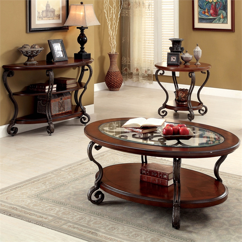 Furniture of America Azea Solid Wood 3-Piece Coffee Table Set in Brown Cherry