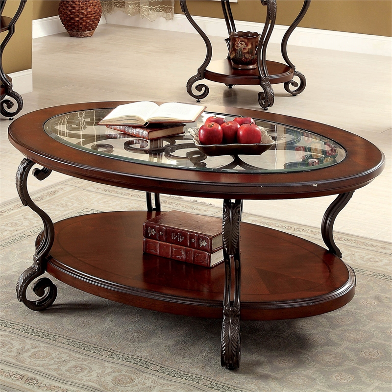 Furniture of America Azea Traditional Wood 1-Shelf Coffee Table in Brown Cherry