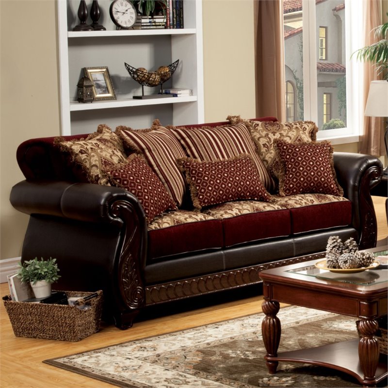 Furniture of America Lozano Faux Leather Upholstered Sofa in Burgundy ...
