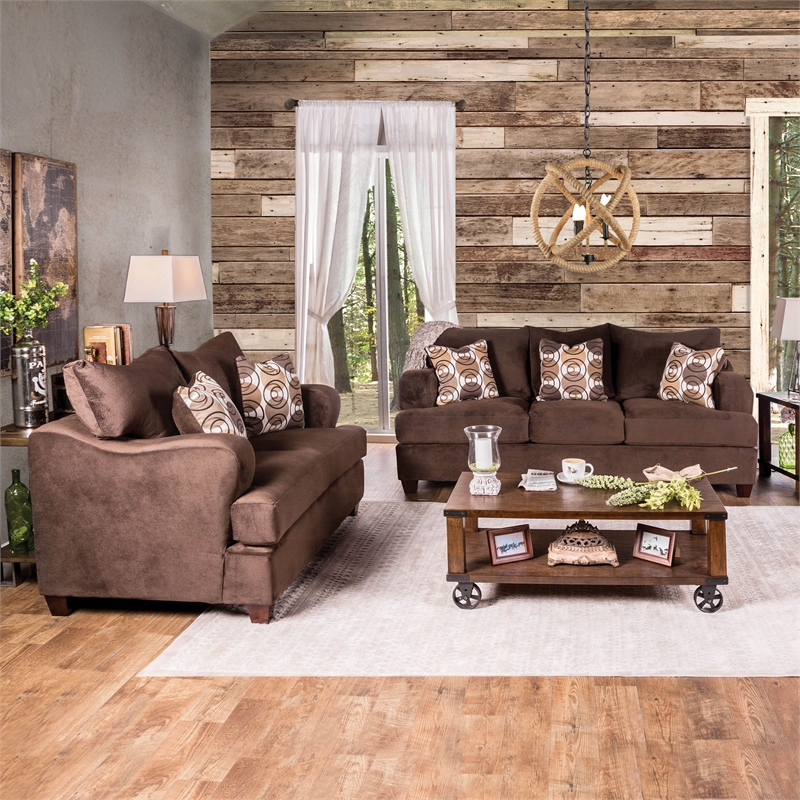 Furniture of America Tremble Transitional Fabric 2-Piece Sofa Set in Chocolate