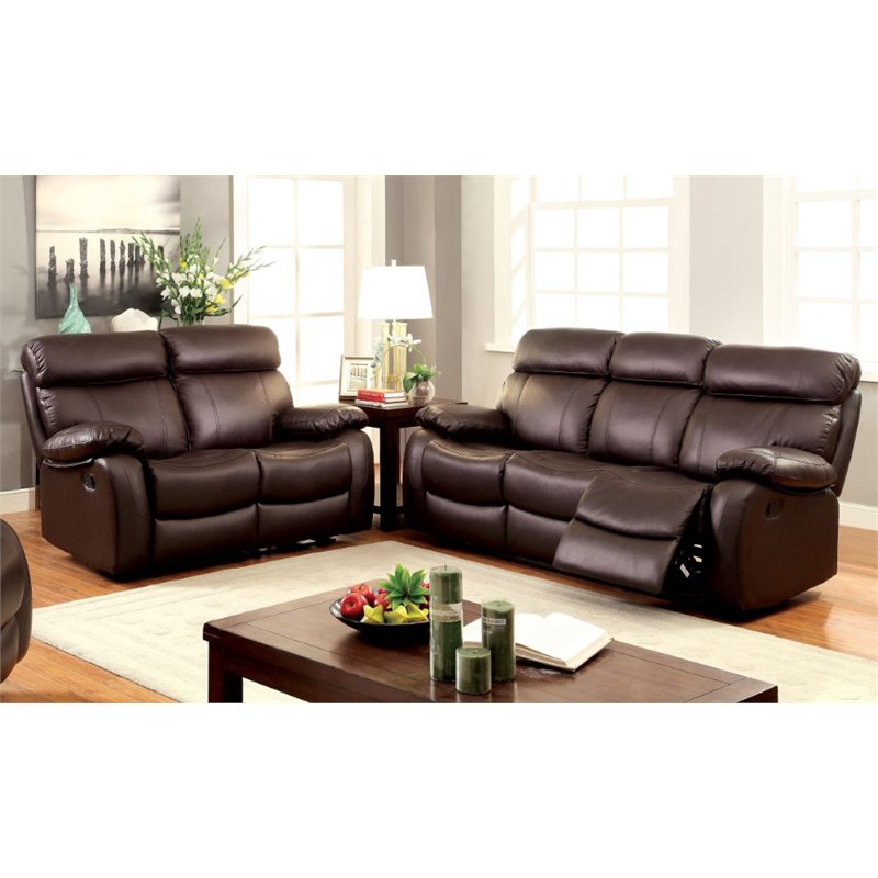 Furniture Of America Marrona 2 Piece Grain Leather Reclining Sofa Set In Brown