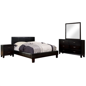 foa ramone 4pc espresso faux leather bed set - king+nightstand+dresser+mirror