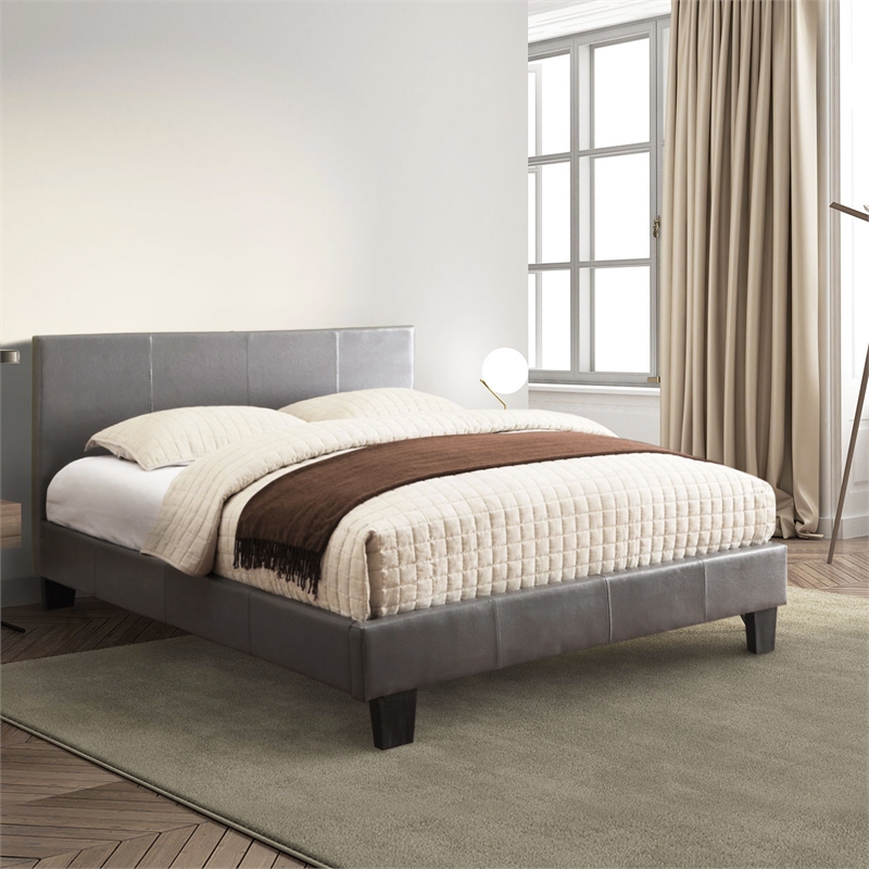 Furniture of America Ramone Faux Leather Queen Platform Bed in Gray
