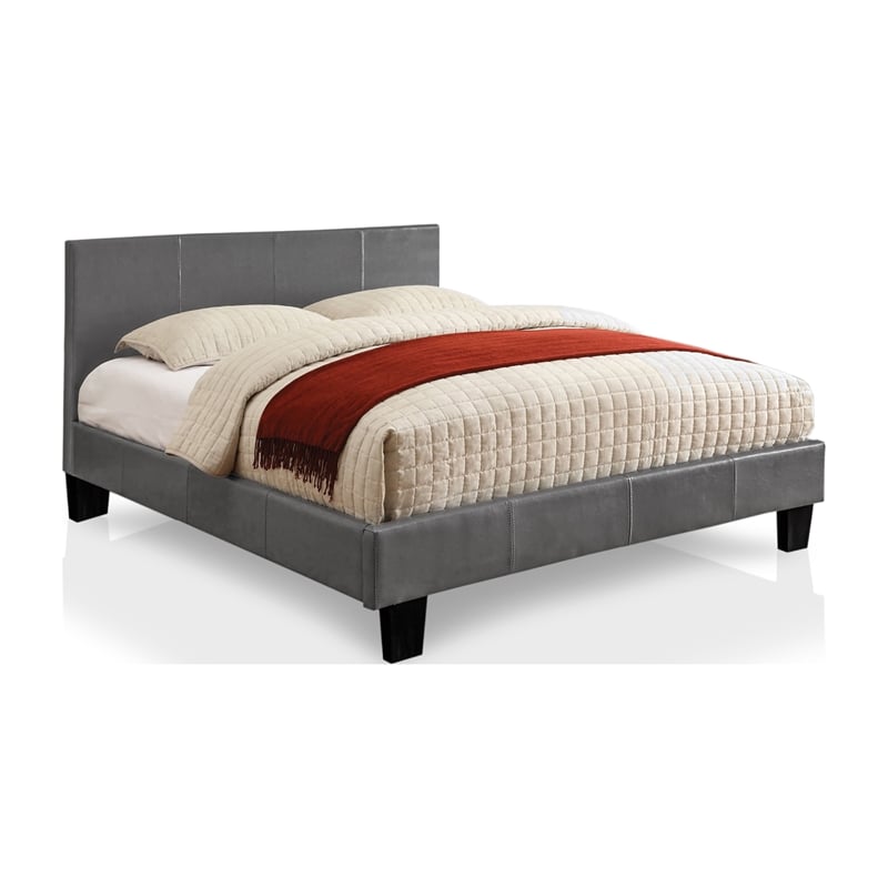 Furniture of America Ramone Faux Leather Queen Platform Bed in Gray