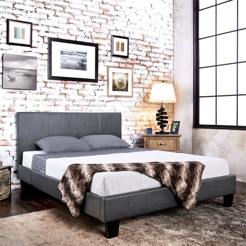 Furniture of America Ramone Faux Leather Queen Platform Bed in Gray