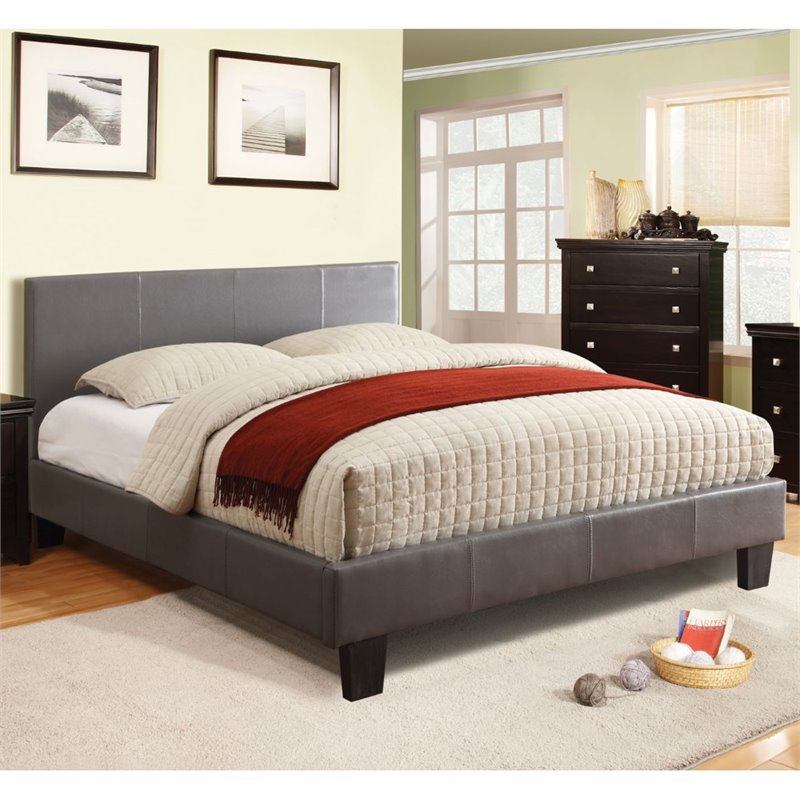 Furniture of America Ramone Faux Leather Queen Platform Bed in Gray