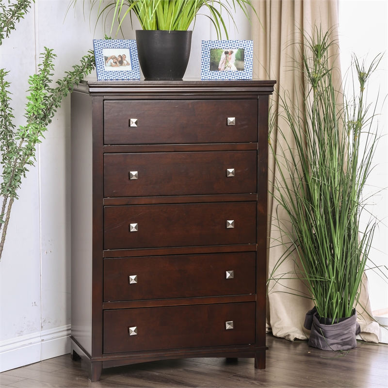 Furniture of America Brighton Solid Wood 5-Drawer Chest in Brown Cherry ...