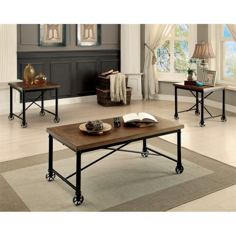 Furniture of America Saucedo Wood 3-Piece Coffee Table Set in Medium Oak