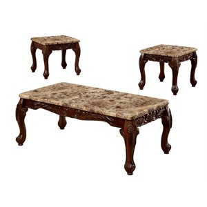 furniture of america burseel 3 piece traditional faux marble top coffee table set in dark oak
