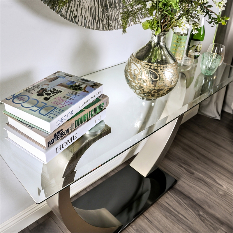 Furniture of America Navarre Steel Glass Console Table in Silver and Black