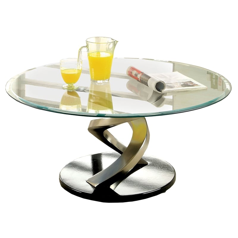 Furniture of America Crook Glass Top Coffee Table in Silver Satin Plated