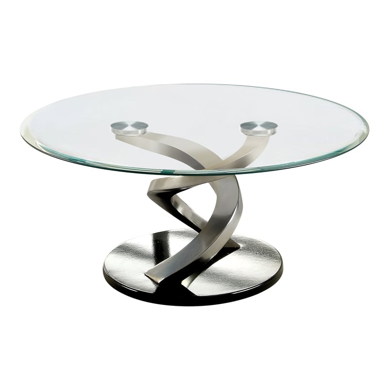 Furniture of America Crook Glass Top Coffee Table in Silver Satin Plated