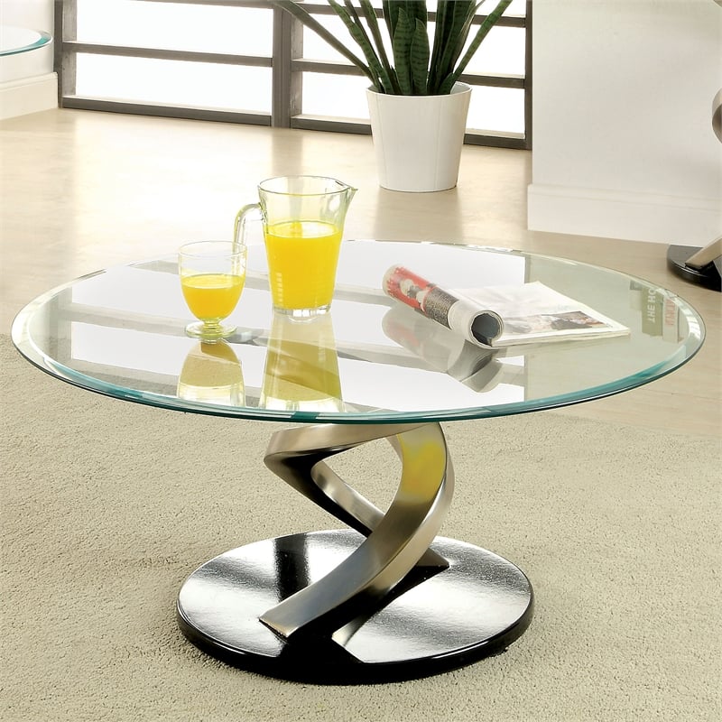 Furniture of America Crook Glass Top Coffee Table in Silver Satin Plated