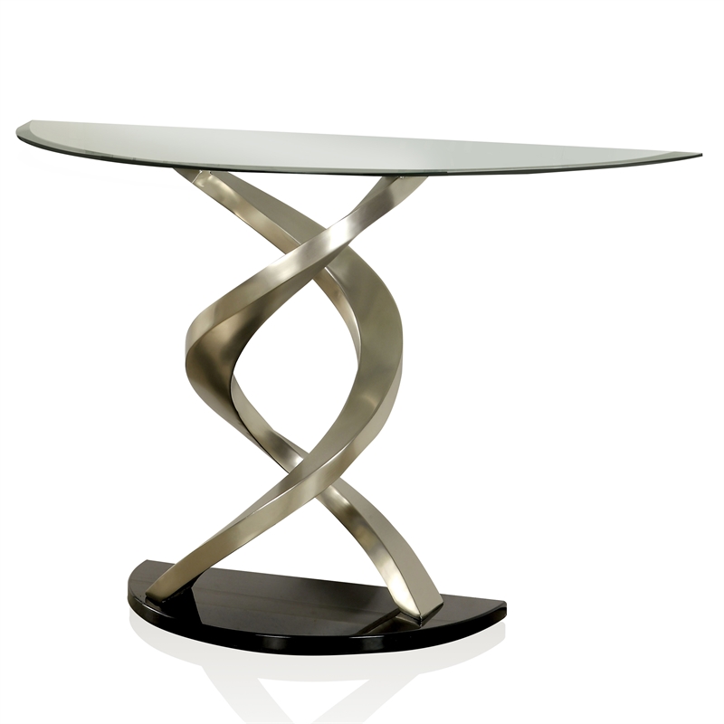 Furniture of America Crook Glass Top Console Table in Silver Satin